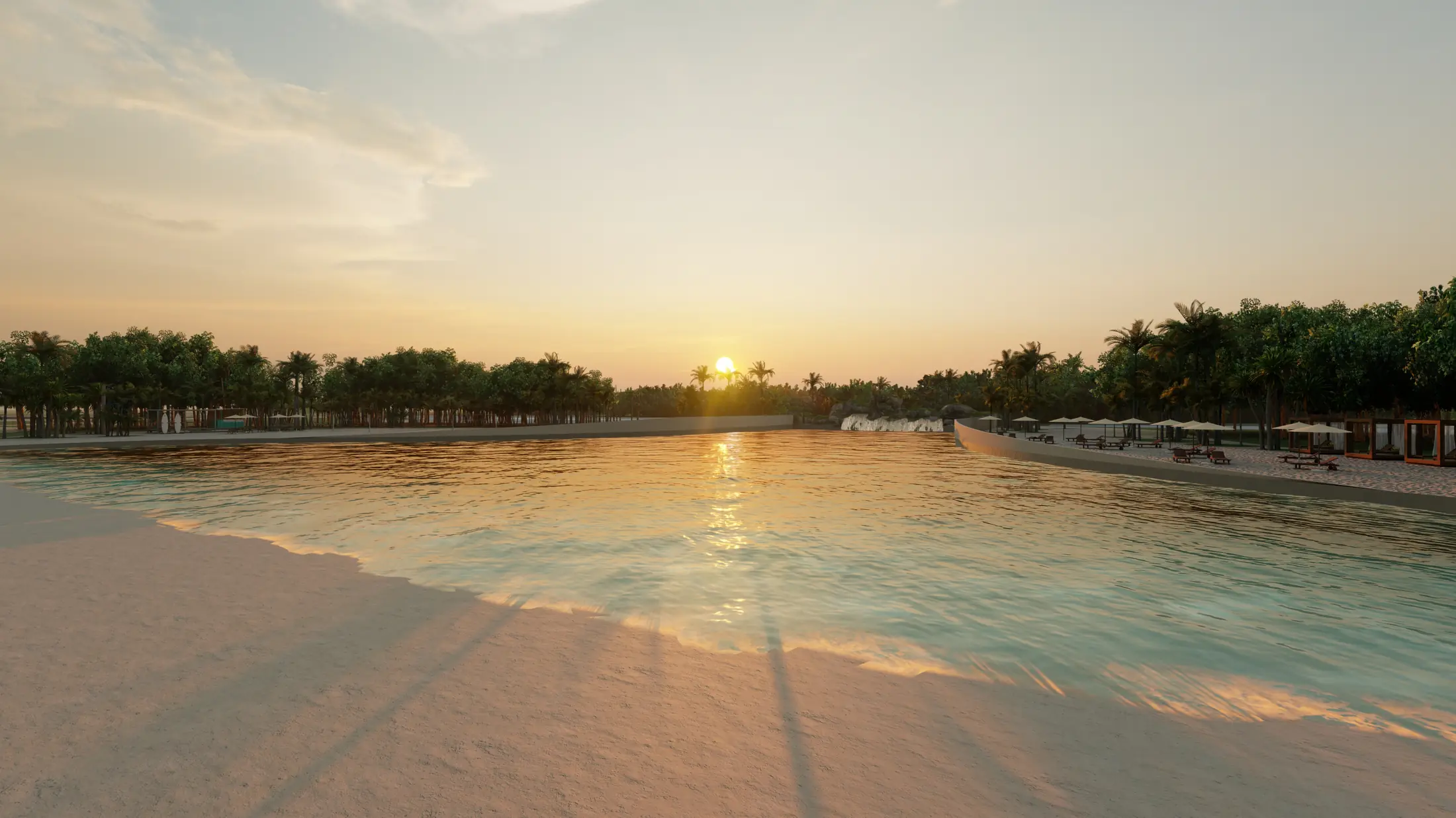 Imagen ilustrativa de la laguna de olas al atardecer, rodeada de arena y vegetación